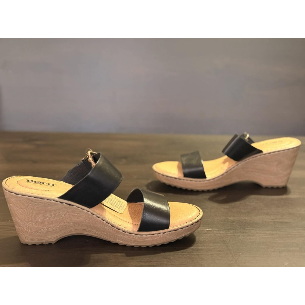 Born Women's Emily LEATHER Buckle Straps Wedge Mule Sandals 10 M BLACK - Picture 11 of 15